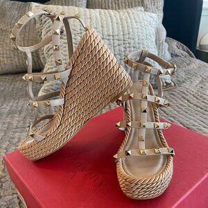 VALENTINO ROCKSTUD ESPADRILLES WEDGES IN CALFSKIN LEATHER 95 MM SIZE 37